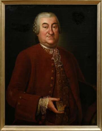 Unbekannter Maler des 18.Jh. (Stübner) „Portait Christoph Heinrich Gerbet mit feiner Tabatiere in der Hand“ 1766, Öl/Leinwand, verso bez., 84,5x64,5cm (m.R. 90x70cm), rest. - photo 2