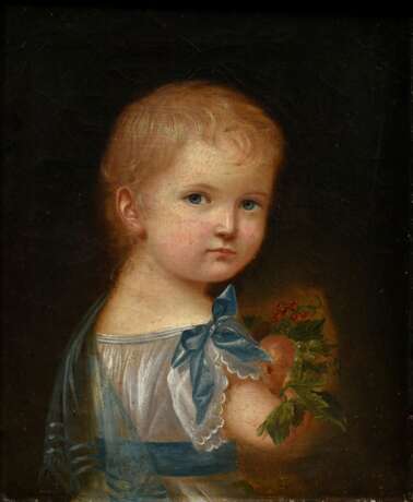 Unbekannter Künstler um 1830 "Kinderportrait mit Früchten" Mathilde Ehrengard Freiin von Uckermann-Bendeleben, geb. von Wuthenau-Hohenthurm (1825-1917), Öl/Leinwand, verso bez., Prunkrahmen (leichte Altersspure… - photo 1