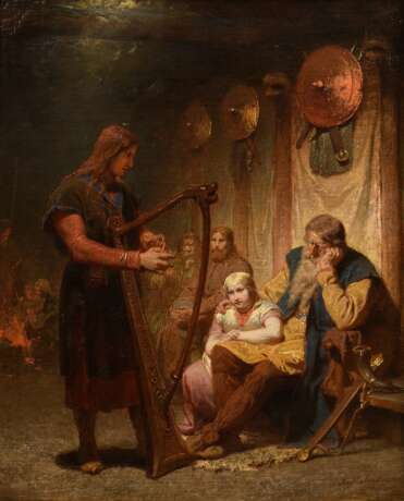 Malmström, August (1829-1901) "Musik für Birger Jarl" 1861, Öl/Leinwand doubliert, u.r. sign./dat., verso bez. "Sigvat skald spiller for Birger Jarl", 41,2x33,3cm (m.R. 57,5x49,5cm), rest. - photo 1