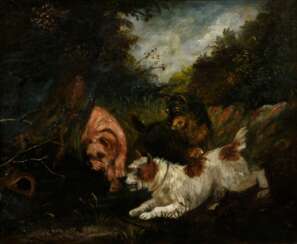 Unbekannter Künstler des 19.Jh. &quot;Drei Terrier auf der Jagd&quot;, Öl/Leinwand, 45,8x56cm (m.R. 57,5x67cm)