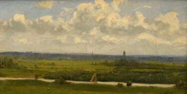 Müller, Carl Wilhelm (1839-1904) &quot;Wolkenhimmel über flachem Land&quot;, Öl/Papier auf Holz kaschiert, 14x26,5cm (m.R. 25x37,5cm), rest., kleine Defekte