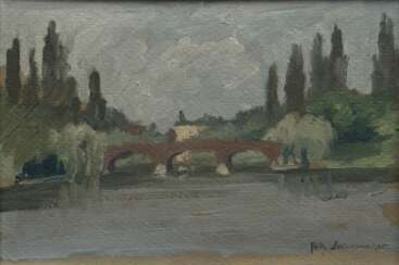 Schirrmacher, Fritz (1893-1948) &quot;Krugkoppelbrücke&quot;, Öl/Malpappe, u.r. sign., verso bez., 17,4x25,8cm (m.R. 22,5x31cm), min. Defekte der Maloberfläche