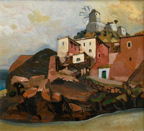 Bunge, Kurt (1911-1998) „Landschaft mit Mühle - Hydra“ 1975, Öl/Platte, u.r. sign./dat., 24,5x27cm (m.R. 35x37,8cm) - photo 1