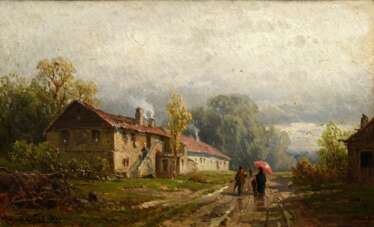 Schlieker, August-Eduard (1833-1911) &quot;Dorfweg bei Regenwetter&quot;, Öl/Holz, u.l. sign., Prunkrahmen, 20x31,5cm (m.R. 31x43cm), min. verschmutzt