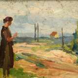 Mayrshofer, Max (1875-1950) "Frau am Wegesrand", Öl/Malkarton, o.l. sign., Prunkrahmen, 10,4x16cm (m.R. 18,8x23cm), min. Defekte der Maloberfläche, leicht verschmutzt, Provenienz: Slg. Gustav Bürger/ München… - photo 1