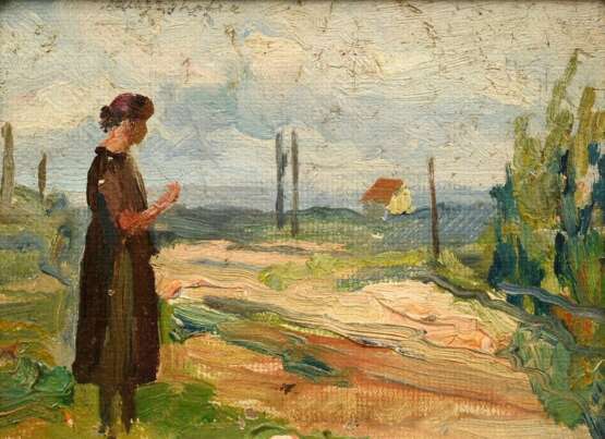 Mayrshofer, Max (1875-1950) "Frau am Wegesrand", Öl/Malkarton, o.l. sign., Prunkrahmen, 10,4x16cm (m.R. 18,8x23cm), min. Defekte der Maloberfläche, leicht verschmutzt, Provenienz: Slg. Gustav Bürger/ München… - photo 1