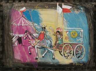 Bunge, Kurt (1911-1998) „Zirkus“ 1994, Öl/Hartfaser, u.r. sign., verso auf Briefpapier Lied zum Bild von R.W., 22,5x30,7cm (m.R. 29,5x36,7cm)