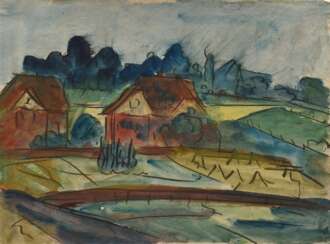 Einhoff, Friedrich d.Ä. (1901-1988) &quot;Landschaft mit Häusern&quot;, Aquarell/Pastellkreide, u.r. sign., verso Nachlassstempel, 36x49,5cm (50x65,3cm), kleines Loch Ø ~5mm, kleine Randdefekte