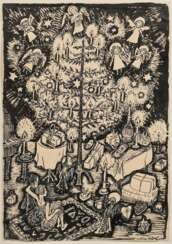 Hüther, Julius (1881-1954) &quot;Unterm Tannenbaum&quot;, Tinte, u.r. sign., auf Papier montiert, 34x24cm (42x29,5cm), kleine Retuschen durch den Künstler, Provenienz: Slg. Gustav Bürger/ München