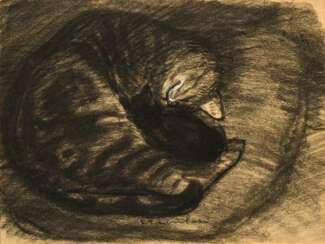 Steinlen, Théophile Alexandre (1859-1923) &quot;Katze und Junges&quot;, Kohle, weiß gehöht, u.m. sign., verso Klebeetikett &quot;Galerie Michael Neumann/ Kiel&quot;, im Passepartout montiert, 19,4x25,3cm (m.R. 33,8x41,4c…