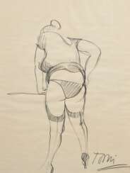 Ungerer, Tomi (1931-2019) &quot;Rückansicht einer Dame in Unterwäsche und High Heels&quot;, Bleistift, u.r. sign., 56x42cm (m.R. 79,5x60,5cm), min. wellig