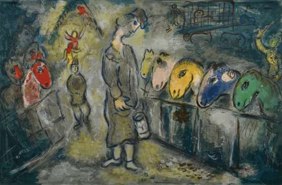 Chagall, Marc (1887-1985) "Die Pferde" um 1967, Farblithographie, aus: "Der Zirkus", mit Original-Rechnung von Galerie Lochte/ Hamburg, am oberen Blattrand im Passepartout montiert, Mourlot 510, BM 42… - фото 1