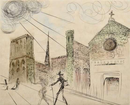 Dali, Salvador (1904-1989) "Notre Dame de Paris", Farbradierung, XXX/C, sign./num., u.r. Signatur-Trockenstempel, verso Klebeetikett "Galerie Boisserée/ Köln", freigestellt gerahmt, PM 31,8x39,7cm, BM… - photo 1