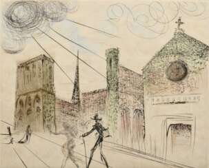 Dali, Salvador (1904-1989) &quot;Notre Dame de Paris&quot;, Farbradierung, XXX/C, sign./num., u.r. Signatur-Trockenstempel, verso Klebeetikett &quot;Galerie Boisserée/ Köln&quot;, freigestellt gerahmt, PM 31,8x39,7cm, BM…