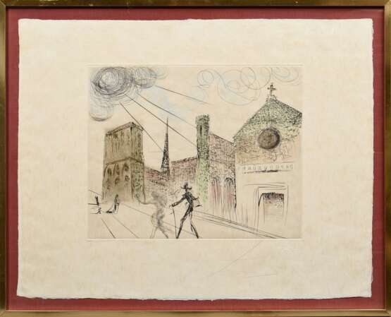 Dali, Salvador (1904-1989) "Notre Dame de Paris", Farbradierung, XXX/C, sign./num., u.r. Signatur-Trockenstempel, verso Klebeetikett "Galerie Boisserée/ Köln", freigestellt gerahmt, PM 31,8x39,7cm, BM… - photo 2