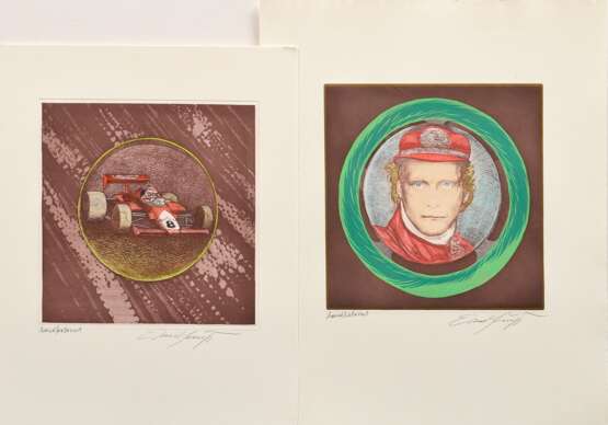 2 Fuchs, Ernst (1930-2015) "Niki Lauda" und "Formel 1", handkolorierte Farbradierungen, je u. sign. (1x Filzstift)/bez., verso bez., PM je 29,8x29,4cm, BM 50x39,5/56,5x46,5cm, 1x verso Montagereste - фото 1