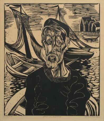 Felixmüller, Conrad (1897-1977) "Fischer vor Helgoland" 1924, Holzschnitt, sign./dat./betit./bez., u.r. i.d. Platte monogr., verso Klebeetikett "Galerie Boisserée/ Köln", PM 49,5x40cm (m.R. 73x59,6cm)… - фото 1