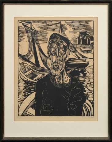 Felixmüller, Conrad (1897-1977) "Fischer vor Helgoland" 1924, Holzschnitt, sign./dat./betit./bez., u.r. i.d. Platte monogr., verso Klebeetikett "Galerie Boisserée/ Köln", PM 49,5x40cm (m.R. 73x59,6cm)… - фото 2