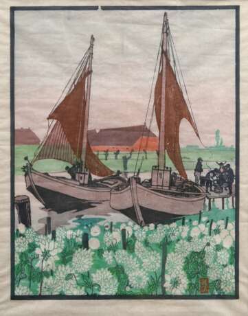 Förster, Hans (1885-1966) "Boote", Farbholzschnitt, i.d. Platte monogr., PM 59,5x47,5cm (m.R. 85x64,5cm), leicht knickspurig - фото 1