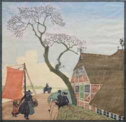 Förster, Hans (1885-1966) &quot;Frühlingslandschaft mit Bauernhof&quot;, Farbholzschnitt, verso Nachlassstempel, PM 46,8x47,8cm, BM 70x63cm (m.R. 80,5x73,5cm), leicht fleckig