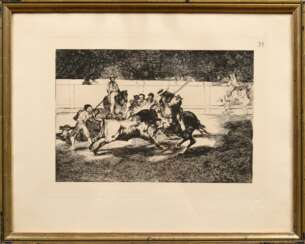 Goya, Francisco José de (1746-1828) &quot;Der tapfere Rendon sticht einen Stier&quot;, Radierung, aus: La Tauromaquia, Platte Nr. 28, i.d. Platte num., u.r. Trockenstempel, mit Original-Rechnung und -Bescheinigung von Ga…