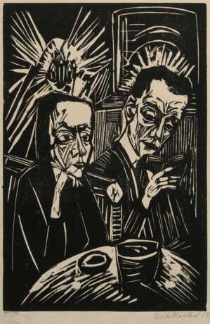 Heckel, Erich (1883-1970) "Beim Vorlesen" 1914, Holzschnitt, u.r. sign./dat., u.l. Druckerangabe "F. Voigt", u.l. Trockenstempel, verso Klebeetikett "Galerie Boiserée/ Köln", PM 30x20cm (m.R… - фото 1