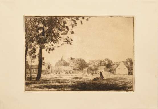 Kalckreuth, Leopold von (1855-1928) "Das Dorf Höckricht (Jędrzychowice) in Schlesien" um 1895, Radierung, u.r. sign., PM 22x31,8cm, BM 31,5x45,2cm, verso Montagreste, im Randbereich min. fleckig - фото 2