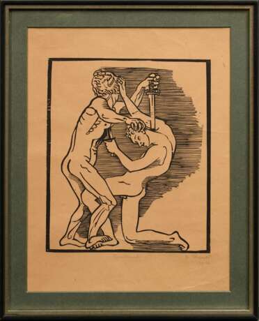 Marcks, Gerhard (1889-1981) "Zweikampf (Brudermord)" 1944, Holzschnitt, u. sign./dat./betit., verso Klebeetikett "Galerie Boisserée/ Köln", PM 31x26,2cm (m.R. 51x41,5cm), vergilbt - Foto 2