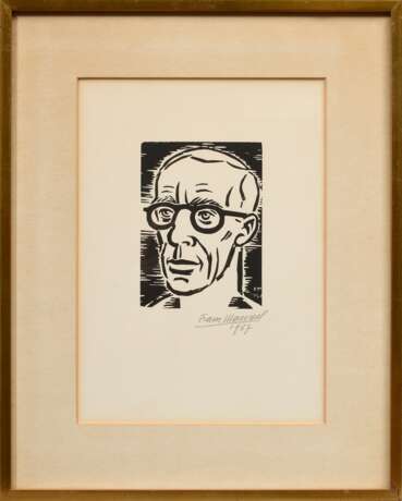 Masareel, Frans (1889-1972) "Selbstbildnis" 1957, Holzschnitt, u.r. sign./dat., i. Stock monogr./dat., verso Klebeetikett "Galerie Boisserée/ Köln", PM 12,4x9,4cm (m.R. 38,5x31cm), lichtrandig - фото 2