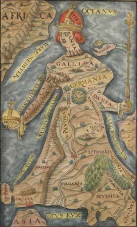Münster, Sebastian (1488-1552) "Europa Regina" Ende 16.Jh., color. Holzstich, nach Johannes Bucius (1516-1542), wohl aus "Cosmographia", 25,3x16,5cm (m.R. 45,2x33,2cm), Altersspuren - photo 1