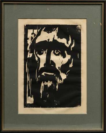 Nolde, Emil (1867-1956) "Prophet", Holzschnitt, u. bez., rückseitig Text, verso Klebeetikett "Galerie Boisserée/ Köln", PM 32x22,4cm (m.R. 51x41,5cm), (wohl herstellungsbedingt) leicht wellig und wass… - photo 2