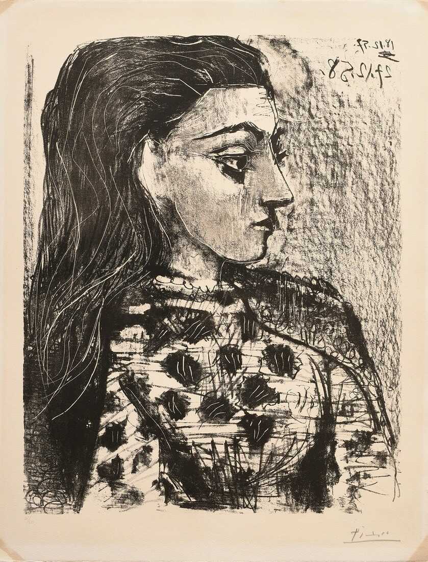 Picasso, Pablo (1881-1973) &quot;Buste au corsage à carreaux&quot; 1957/58, Lithographie, 26/50, u.r. sign., u.l. num., o.r. in der Platte 2x dat., PM 56x43,7cm, BM 66x50cm, (m.R. 81,5x68,5cm), mit 2 Klebestreifen auf Ka…