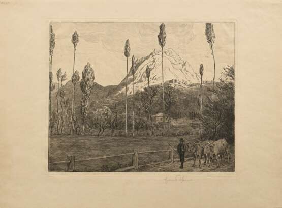 Thoma, Hans (1839-1924) "Oberitalienische Landschaft" 1909, Radierung, u.r. sign., i.d. Platte monogr./dat., PM 35x43cm, BM 47x63,5cm, vergilbt, am l. Rand alter Wasserschaden - фото 3