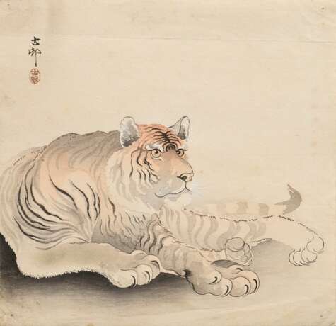 Ohara, Koson (1877-1945) "Liegender Tiger", Farbholzschnitt/aquarelliert (?), o.l. sign., 24,2x25,2cm, Reißzweckenlöcher in den Ecken, leichte Altersspuren - Foto 1