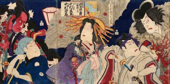 3 Kunichika (1835-1900) "Kabukiszene", Farbholzschnitte, Triptychon, sign. Toyohara Kunichika hitsu, Kabukischauspieler Nakamura Nakazô, Nakamura Shinkan, Verleger Shimizuya Naôjiro, im Passepartout montiert, j… - Foto 1