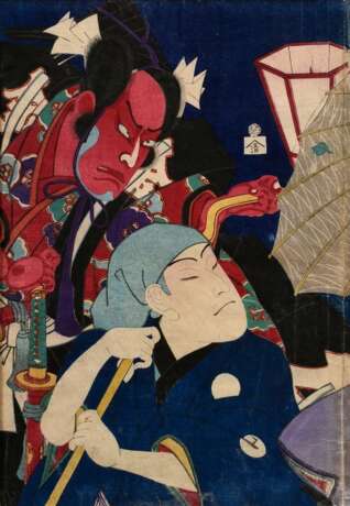 3 Kunichika (1835-1900) "Kabukiszene", Farbholzschnitte, Triptychon, sign. Toyohara Kunichika hitsu, Kabukischauspieler Nakamura Nakazô, Nakamura Shinkan, Verleger Shimizuya Naôjiro, im Passepartout montiert, j… - Foto 3