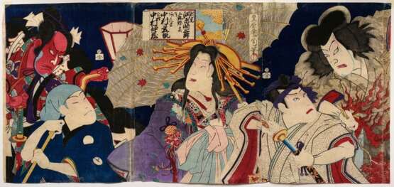 3 Kunichika (1835-1900) "Kabukiszene", Farbholzschnitte, Triptychon, sign. Toyohara Kunichika hitsu, Kabukischauspieler Nakamura Nakazô, Nakamura Shinkan, Verleger Shimizuya Naôjiro, im Passepartout montiert, j… - Foto 8