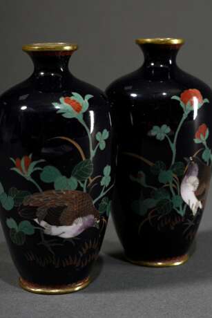 Paar kleine Cloisonné Vasen mit feinem Dekor "Wachteln unter Kamelien" auf schwarzem Fond, Japan Anfang 20.Jh., H. 9cm, Provenienz: Norddeutsche Sammlung - Foto 5