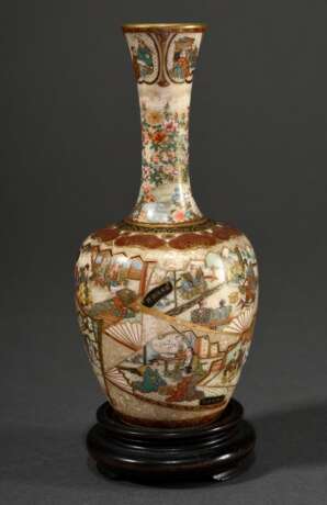 Kleine Satsuma Balustervase in lupenfeiner Bemalung "Figürliche Szenen" in einzeln beschrifteten Fächerkartuschen, Boden bez. Nakamura Baikei 中村煤渓 und Lobeshymne auf seine Kunstfertigkeit, Japan Meiji Periode, … - Foto 1