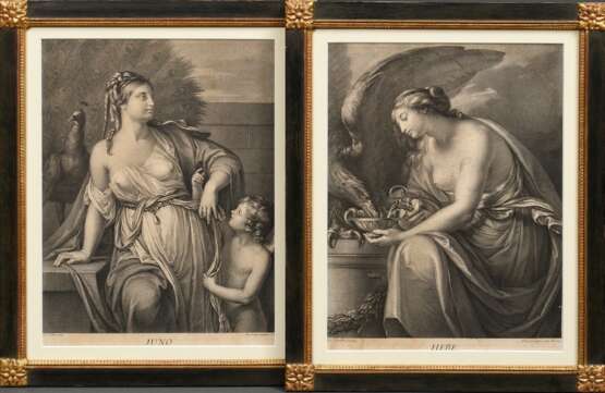 2 Rahmen nach Louis XVI Vorbild mit vergoldeten Rosetten, innen Kupferstiche von Domenico Cunego (1727-1803) „Juno“ und „Hebe“ (vergilbt, fleckig), FM 41x31,5cm, RM 45,2x36,2cm, leichte Alters- und Gebrauchsspuren… - фото 1