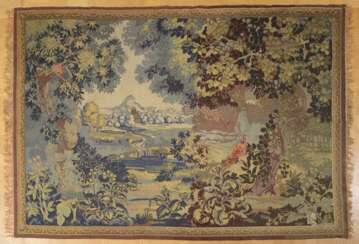 Querformatige Tapisserie &quot;Märchenhafte Landschaft mit Vögeln&quot;, u.r. ligiert monogrammiert &quot;DI&quot;, Manufakturzeichen &quot;Burg mit zwei Türmen&quot;, wohl Russland um 1900, 184x234cm, Altersspuren