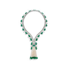 VAN CLEEF &amp; ARPELS EMERALD, CULTURED PEARL AND DIAMOND &#39;ZIP&#39; NECKLACE