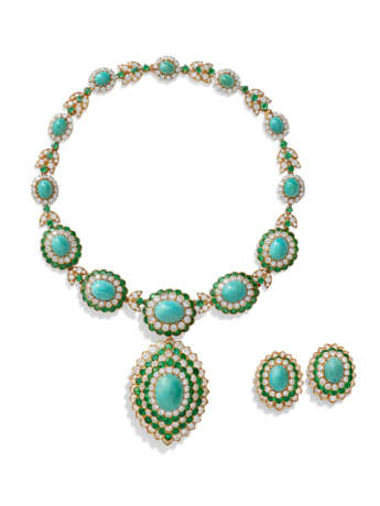 VAN CLEEF & ARPELS SET OF TURQUOISE, EMERALD AND DIAMOND JEWELLERY - фото 1