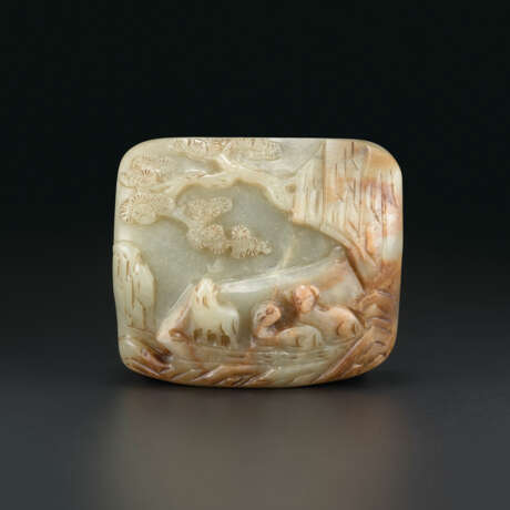 A RARE PALE CELADON JADE IMPERIALLY-INSCRIBED `THREE RAMS` PLAQUE - фото 1