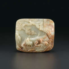 A RARE PALE CELADON JADE IMPERIALLY-INSCRIBED &#39;THREE RAMS&#39; PLAQUE