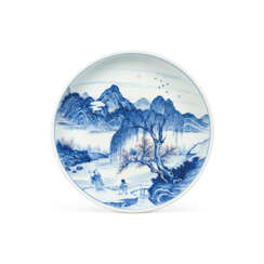 A RARE UNDERGLAZE-BLUE AND COPPER-RED-DECORATED `FIGURES IN LANDSCAPE’ DISH