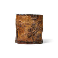 A CARVED ALOESWOOD ‘LANDSCAPE’ BRUSH POT