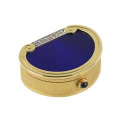 19th century English gold pill box with diamonds and guilloché enamel.