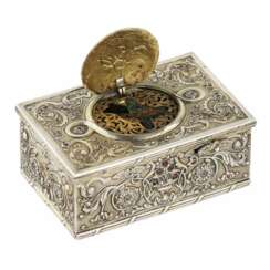 Silver music box with gilding and stones with a singing bird. Karl Griesbaum. 1930s.