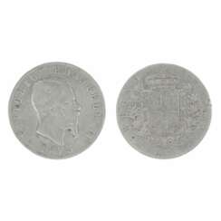 Silver coin five liras. Italy 1873.